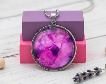 Pink Blossom Flower Pendant, Alcohol Ink Jewelry, Oversized Necklace