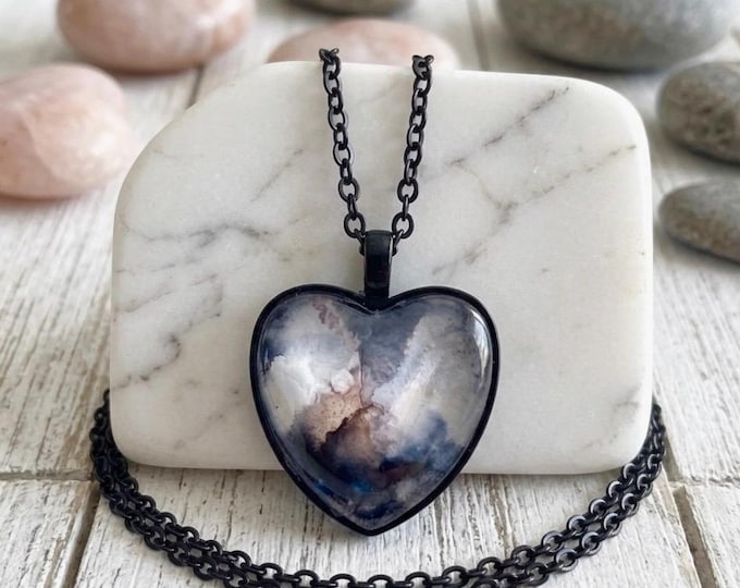 Black Rose Heart Pendant, Alcohol Ink Jewelry, Classic Chic Necklace