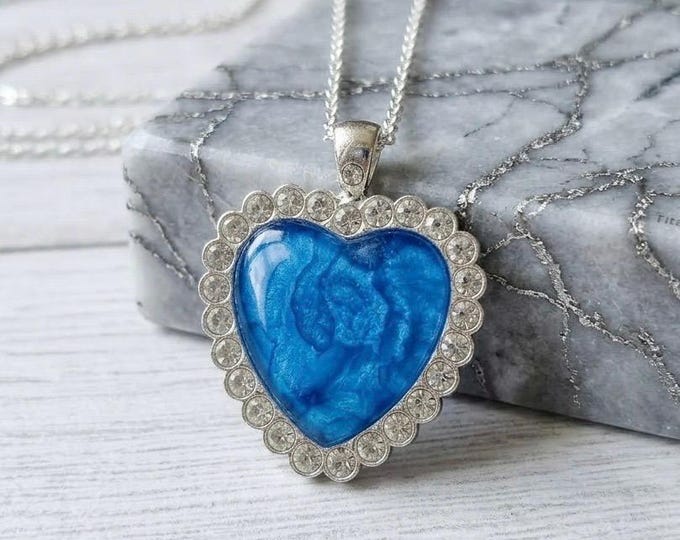 Blue Rose Heart Pendant, Rhinestone Jewelry, Alcohol Ink Necklace