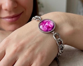 Pink RoseBracelet Jewelry, Hand Painted Alcohol Ink Link Loose Chain