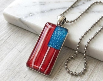 Patriotic American Flag Pendant, Red White Blue Jewelry, Alcohol Ink Abstract Necklace