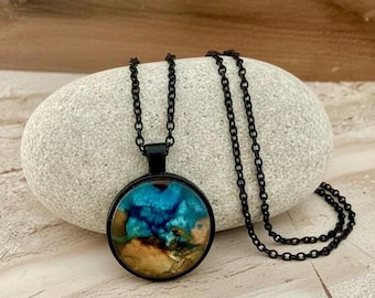Turquoise Gold Pendant, Abstract Mountain Jewelry, Alcohol Ink Necklace