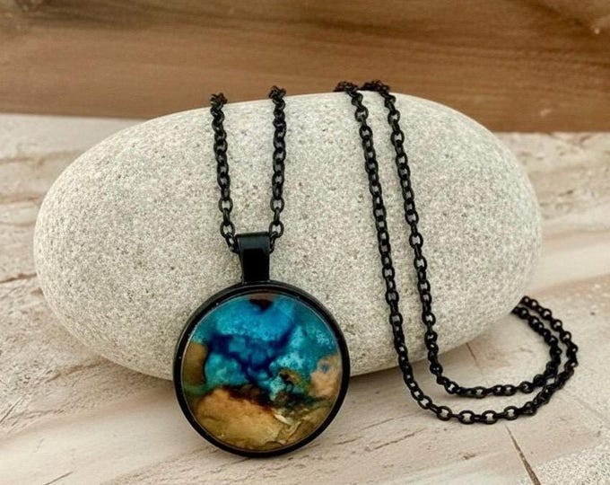 Turquoise Gold Pendant, Abstract Mountain Jewelry, Alcohol Ink Necklace