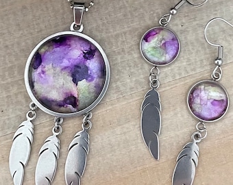 Purple Dreamcatcher Southwest Feather Pendant Jewelry, Abstract Painted Necklace and Feather Earrings