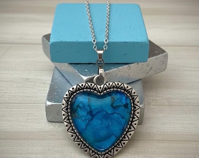 Blue Ocean Heart Pendant, Alcohol Ink Jewelry, Vintage Abstract Necklace