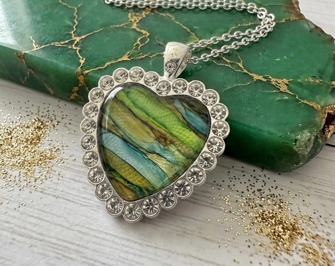 Green Stripe Emerald Heart Pendant, Rhinestone Jewelry, Alcohol Ink Necklace