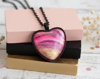 Rainbow Pink Heart Jewelry Pendant, Black Metal Satin Necklace