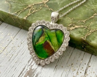 Sea Green Heart Jewelry Pendant, Rhinestone, Alcohol Ink Necklace