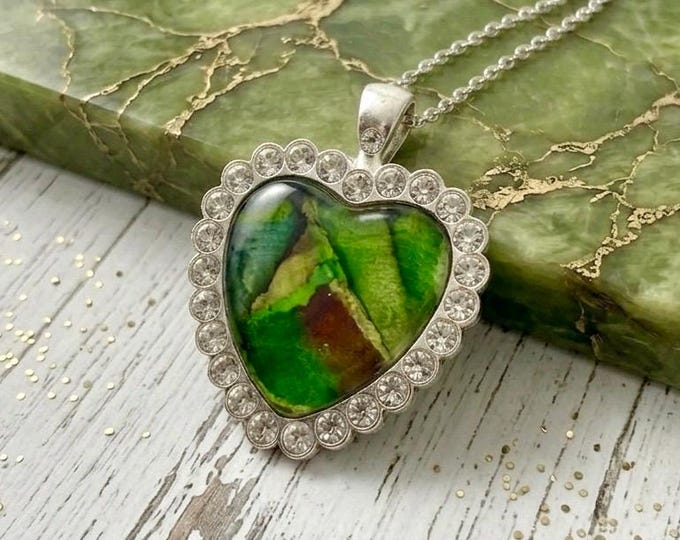 Sea Green Heart Jewelry Pendant, Rhinestone, Alcohol Ink Necklace