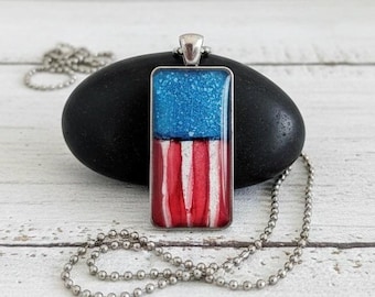 American Flag Pendant, Alcohol Ink Abstract Patriotic Jewelry Necklace