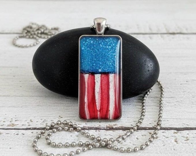 American Flag Pendant, Alcohol Ink Abstract Patriotic Jewelry Necklace