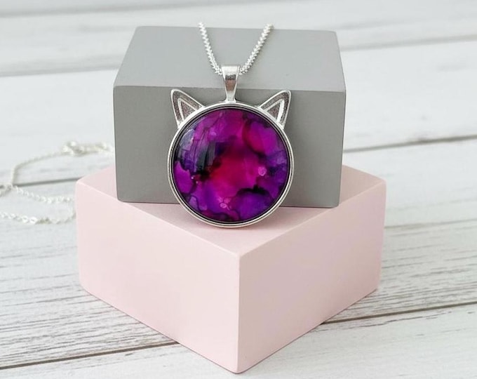 Pink Passion Cat Pendant, Alcohol Ink Abstract Jewelry Necklace