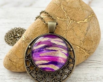 Pink Purple Moon Stars Pendant Jewelry Hand Painted Celestial Glass Necklace