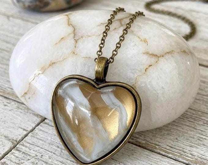 Gold Rainbow Heart Shape Pendant Jewelry, Alcohol Ink, Antique Vintage Necklace