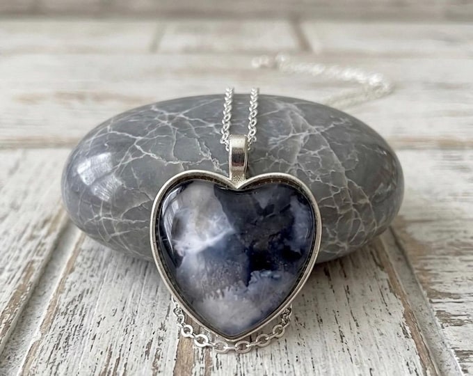 Black Pearl Heart Pendant, Alcohol Ink Jewelry Necklace