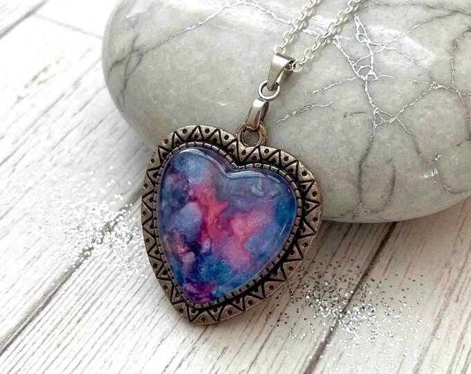 Blue Sky Heart Pendant, Vintage Alcohol Ink Jewelry Necklace