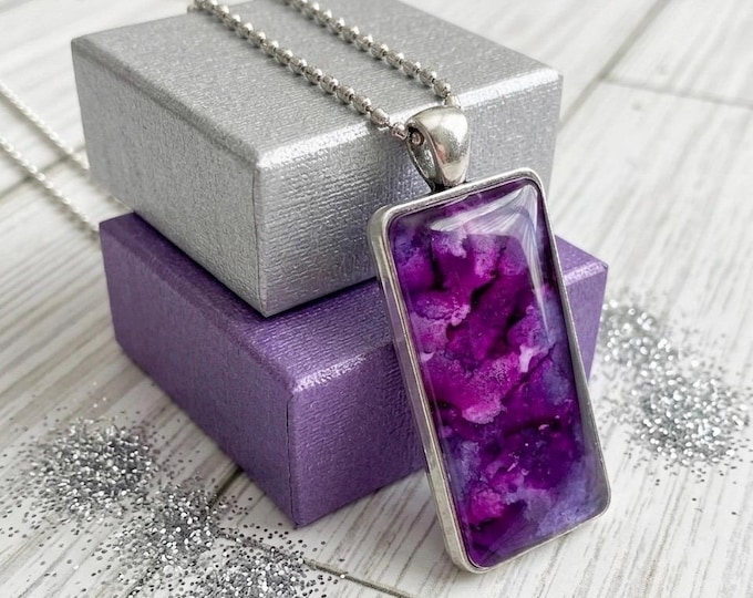 Purple Orchid Pendant, Alcohol Ink Jewelry, Rectangle Shape, Abstract Necklace