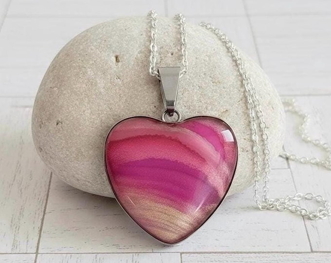Heart Pink Gold Glass Alcohol Ink Hand Painted Unique Abstract Silver Necklace/Pendant