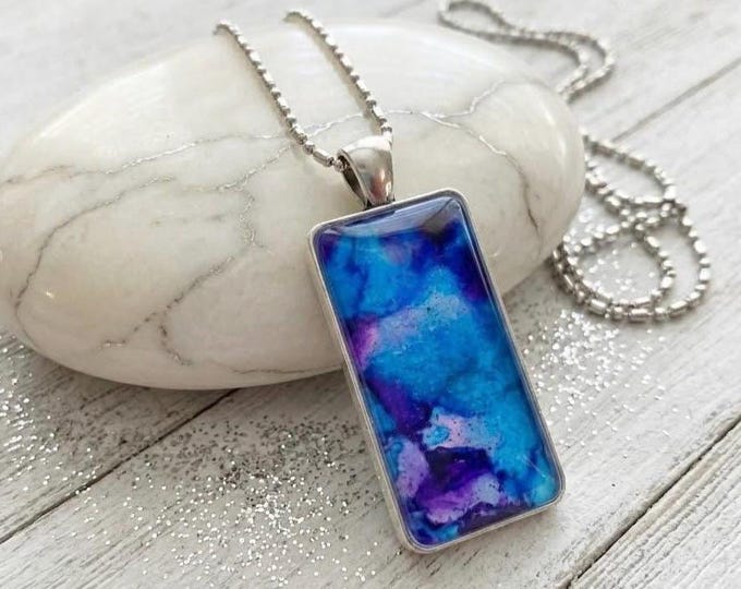Blue Royal Rectangle Pendant, Hand Painted Jewelry, Abstract Alcohol Ink Necklace