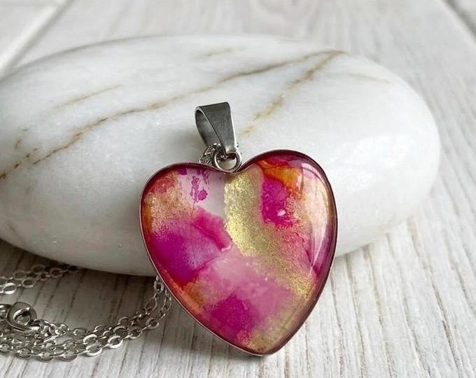 Pink Azalea Heart Pendant, Alcohol Ink Jewelry, Abstract Necklace