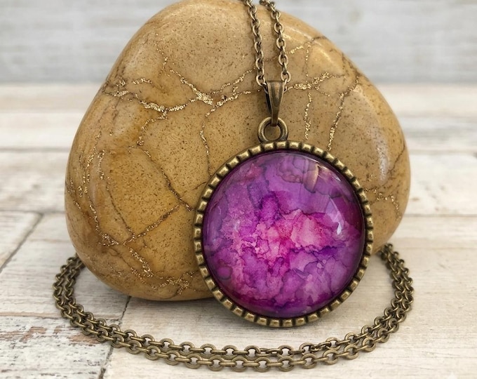 Pink Metallic Pendant, Antique Vintage Jewelry, Alcohol Ink Necklace