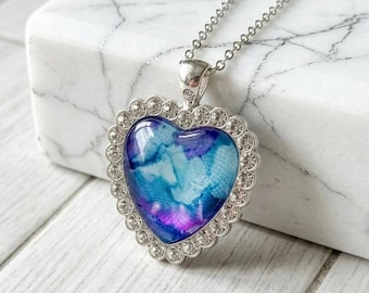 Blue Sky Heart Pendant, Rhinestone Jewelry, Alcohol Ink Necklace
