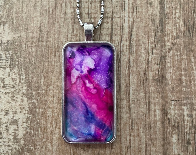Viola Pansy Watercolor Rectangle Pendant Necklace