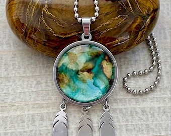 Green Dreamcatcher Southwest Feather Pendant Jewelry, Abstract Painted Necklace