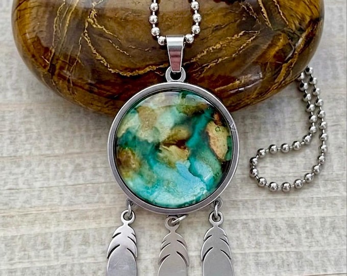Green Dreamcatcher Southwest Feather Pendant Jewelry, Abstract Painted Necklace