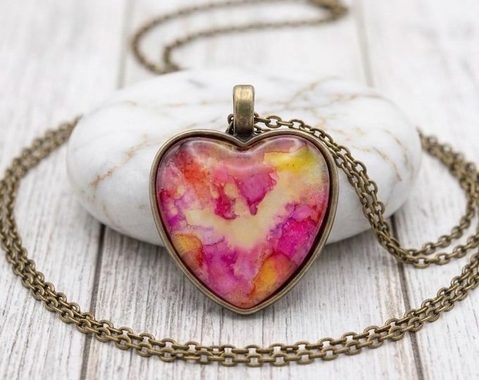 Gold Eagle Heart Pendant, Antique Vintage Jewelry, Alcohol Ink Necklace