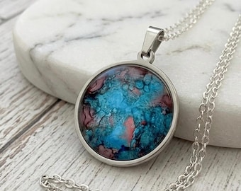 Blue Coral Pendant, Abstract Alcohol Ink Jewelry Necklace