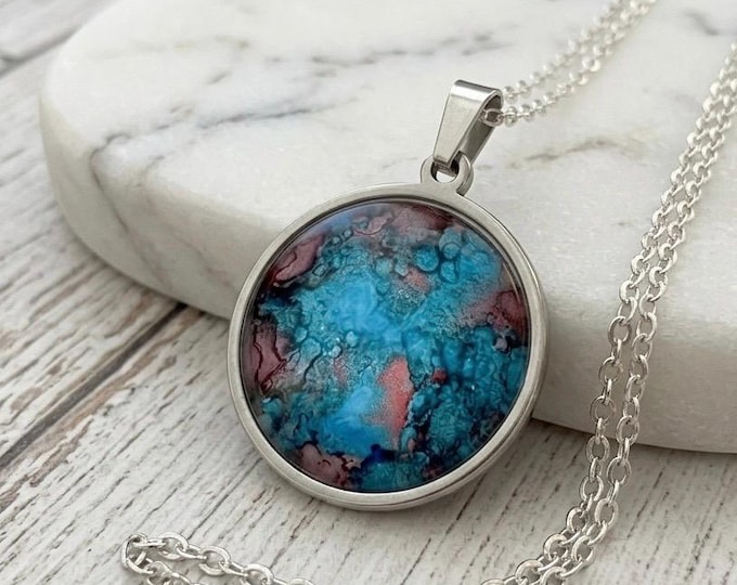 Blue Coral Pendant, Abstract Alcohol Ink Jewelry Necklace