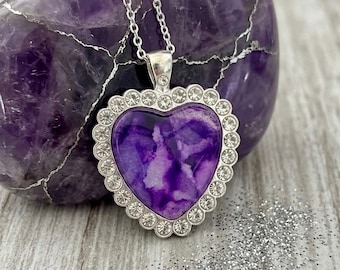 Purple Amethyst Heart Pendant, Rhinestone Jewelry, Alcohol Ink Necklace