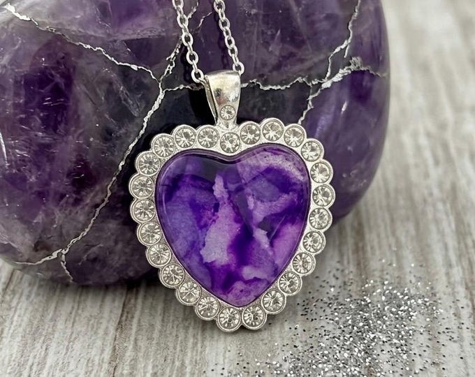 Purple Amethyst Heart Pendant, Rhinestone Jewelry, Alcohol Ink Necklace