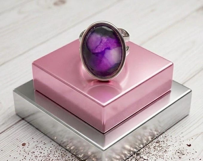 Purple Orchid Ring Jewelry, Hand Painted Alcohol Ink, Silver Stainless Steel, Open Back Easy Slip On