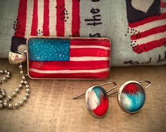 American Flag Pendant with Matching Earrings