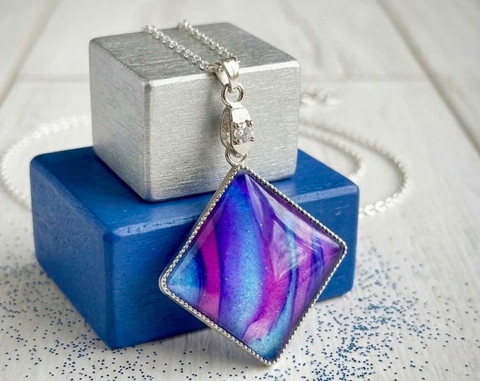 Blue and Pink Rainbow Diamond Pendant, SilverJewelry, Abstract Fluid Alcohol Ink Painted Necklace