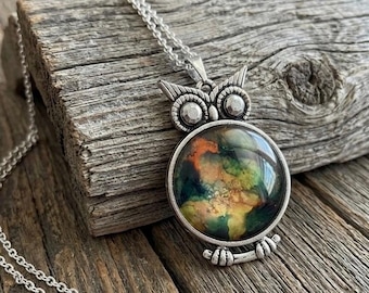 Green Emerald Owl Bird Jewelry Pendant, Alcohol Ink Painted, Abstract Necklace