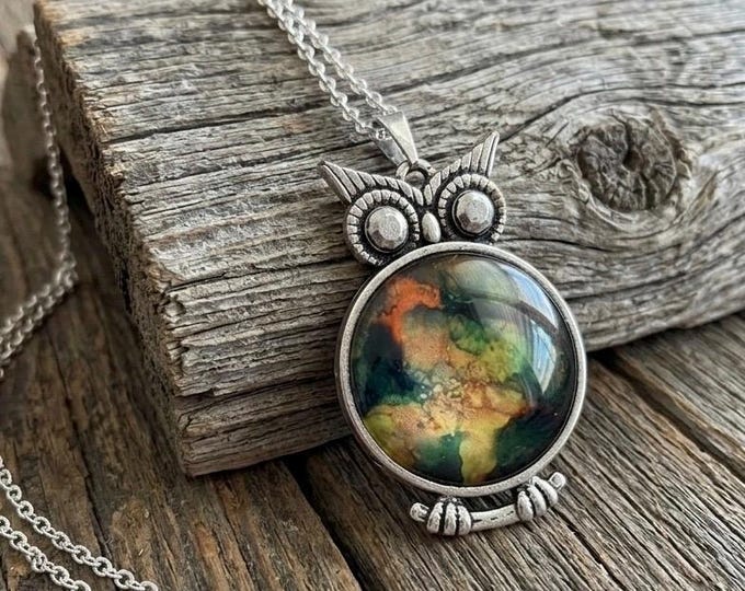 Green Emerald Owl Bird Jewelry Pendant, Alcohol Ink Painted, Abstract Necklace