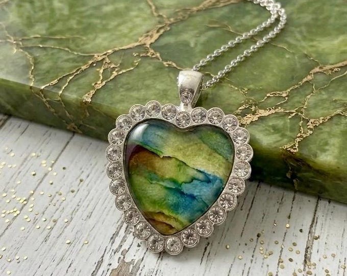 Emerald Sea Green Heart Pendant, Rhinestone Jewelry, Alcohol Ink Necklace