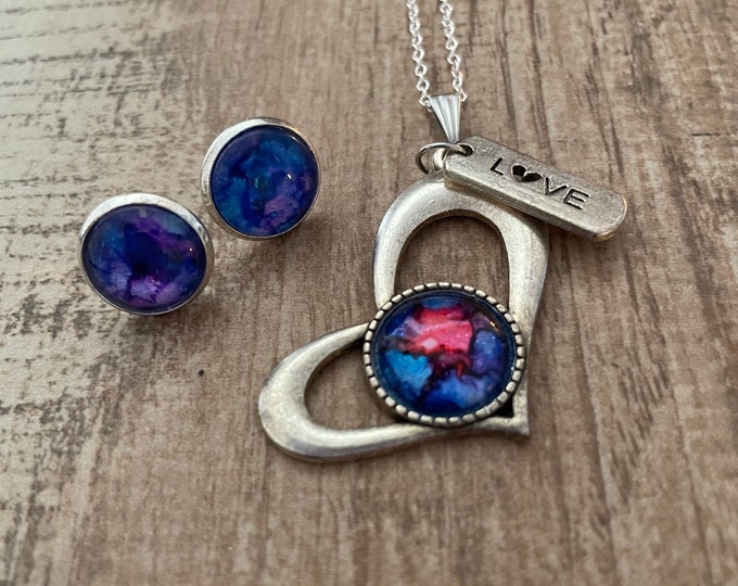 Periwinkle Blue Heart Pendant Earring Set