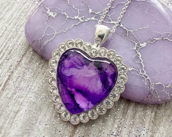 Purple Garnet Heart Jewelry Pendant, Rhinestone Necklace Art on Glass
