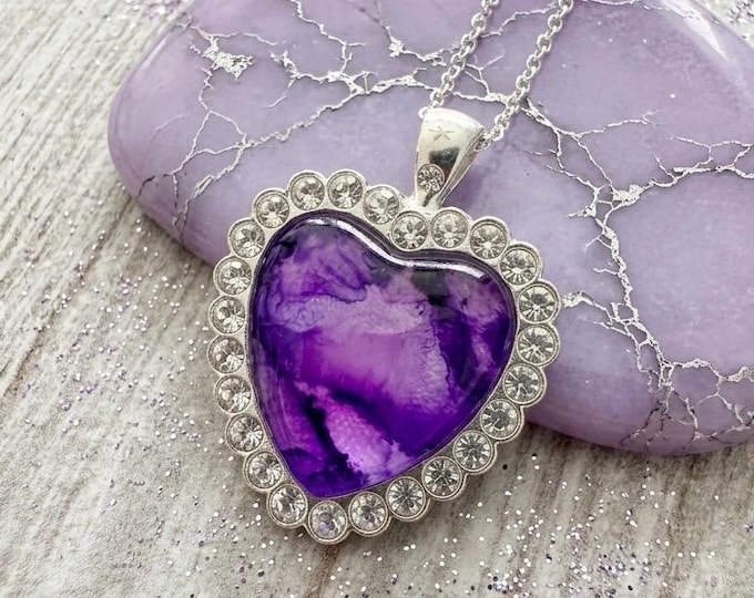 Purple Garnet Heart Jewelry Pendant, Rhinestone Necklace Art on Glass