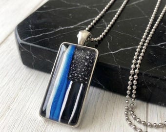 American Flag Alcohol Ink Pendant Necklace, Blue Line Fallen Officers, Silver Bezel Jewelry