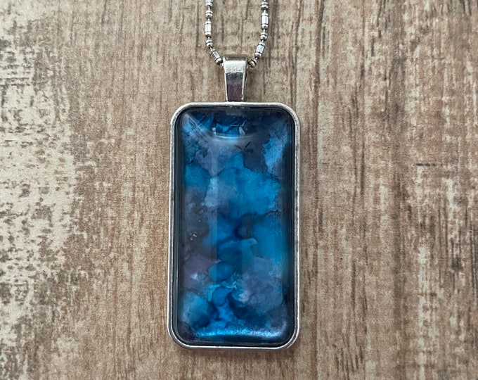 Bluebell Blue Watercolor Rectangle Pendant Necklace