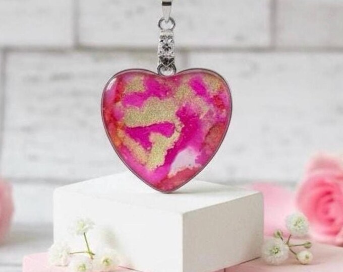 Pink Shimmer Gold Heart Pendant, Alcohol Ink Jewelry, Abstract Necklace