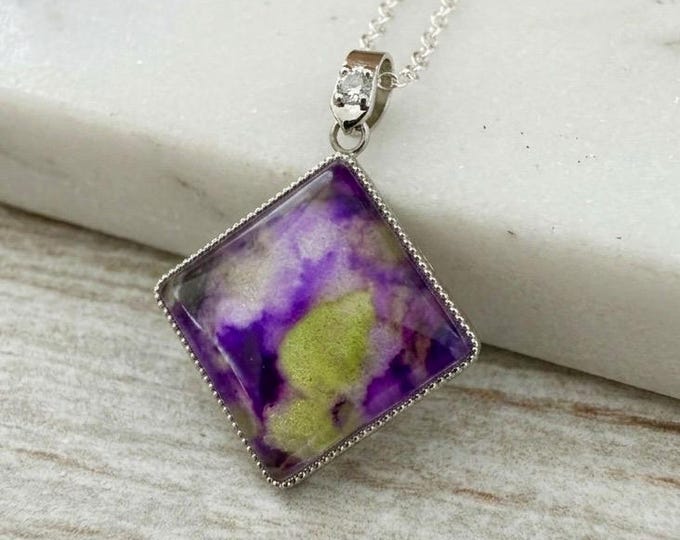 Purple Zinnia Diamond Shape Jewelry Pendant Hand Painted Alcohol Ink Necklace