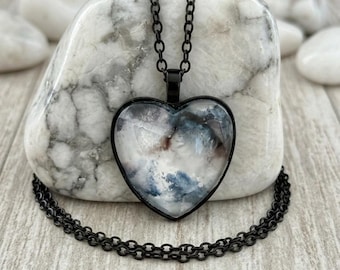 Black and Grey Heart Pendant, Abstract Alcohol Ink Jewelry Necklace