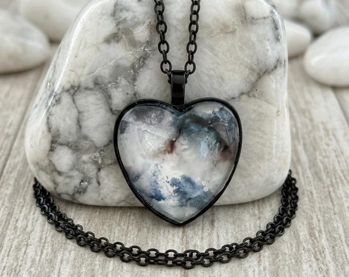 Black and Grey Heart Pendant, Abstract Alcohol Ink Jewelry Necklace