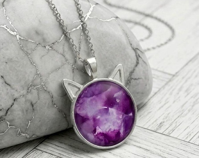 Purple Cosmic Cat Reverse Hand-Painted Glass Pendant